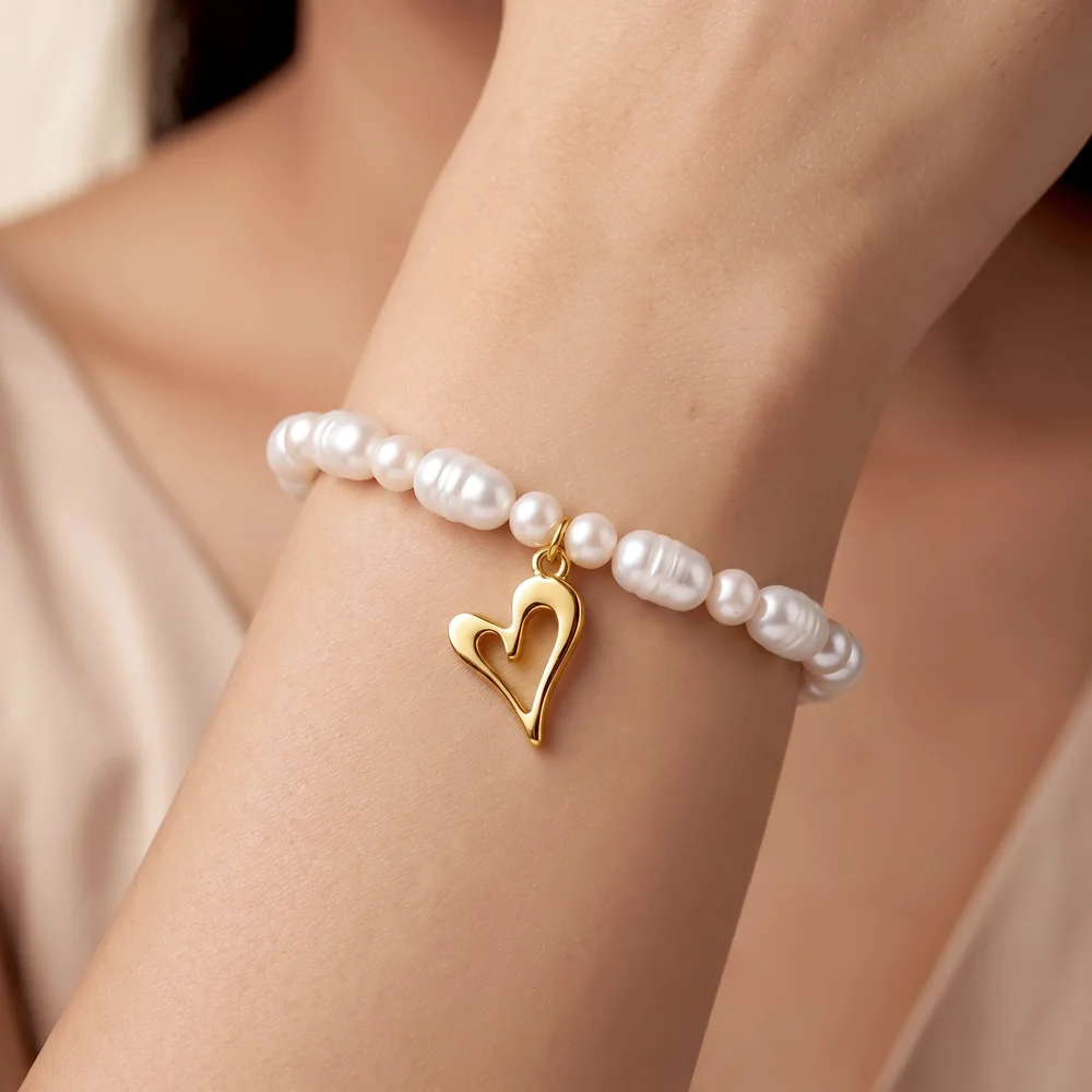 Bracelet Anti-Tarnish Baroque Pearl Heart (Adjustable Size) - View 1