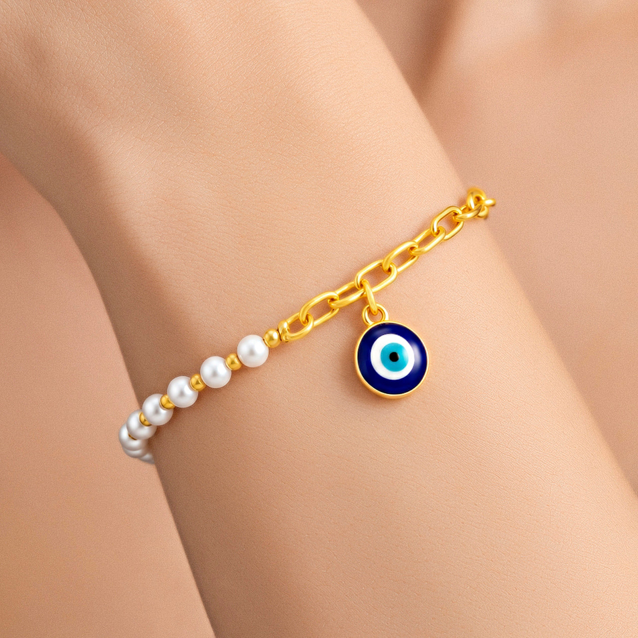 Bracelet Anti-Tarnish Pearl Blue Evil Eye (Adjustable Size) - View 1