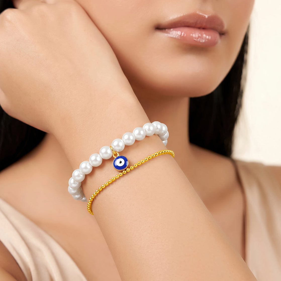 Bracelet Anti-Tarnish Pearl Evil Eye Set (Adjustable Size) - View 1