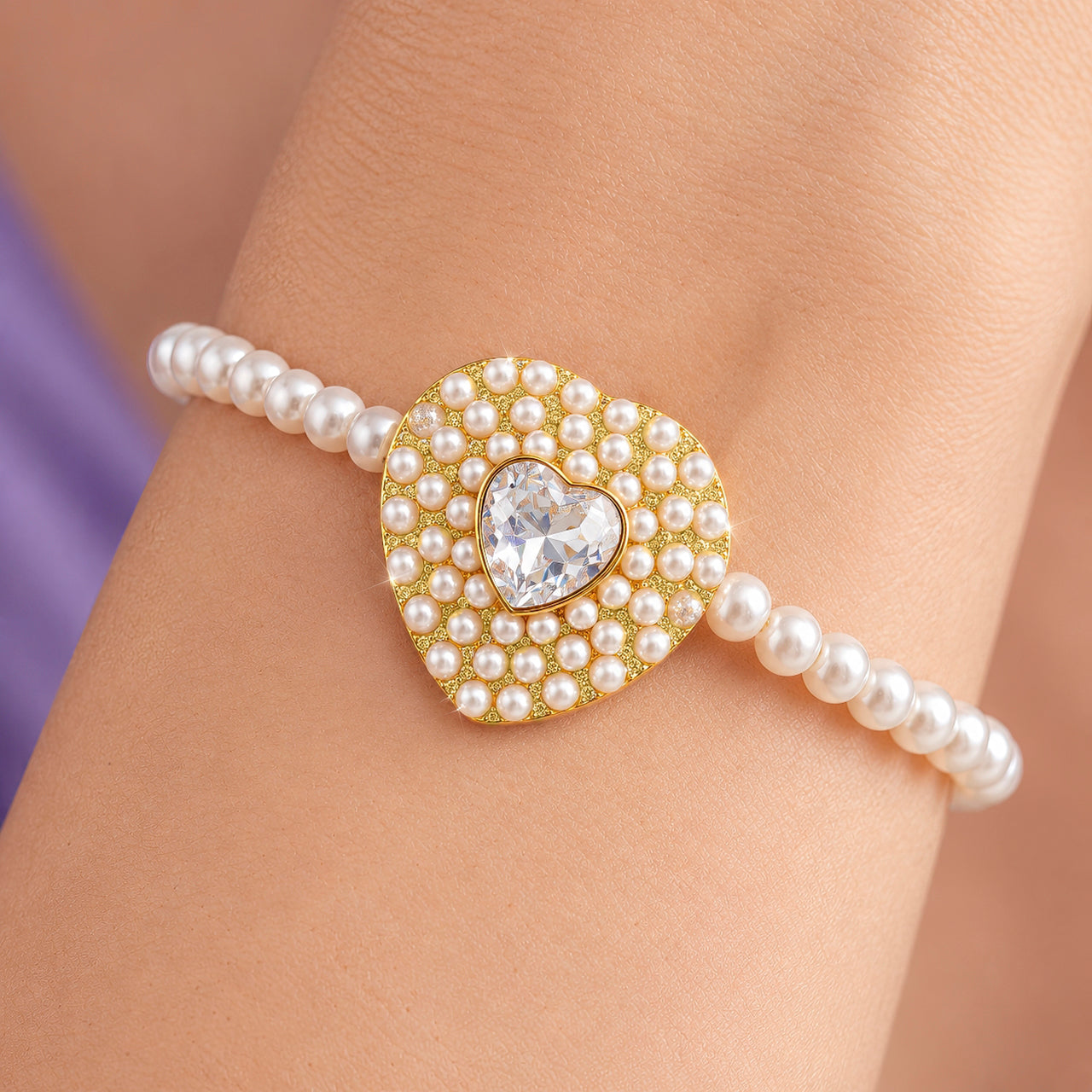 Bracelet Anti-Tarnish Pearl Heart Crystal (Adjustable Size) - View 1