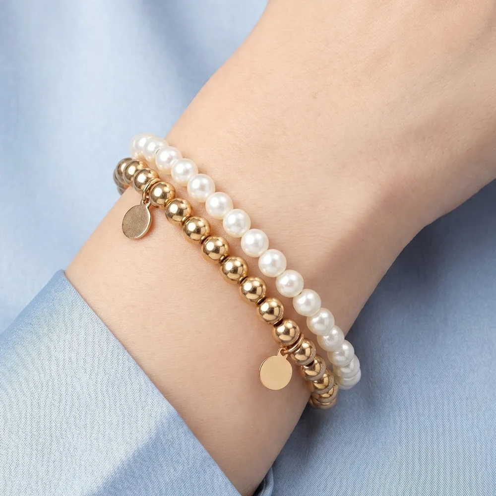 Bracelet Set Anti-Tarnish Pearl & Coin Charms (Adjustable Size) - View 1