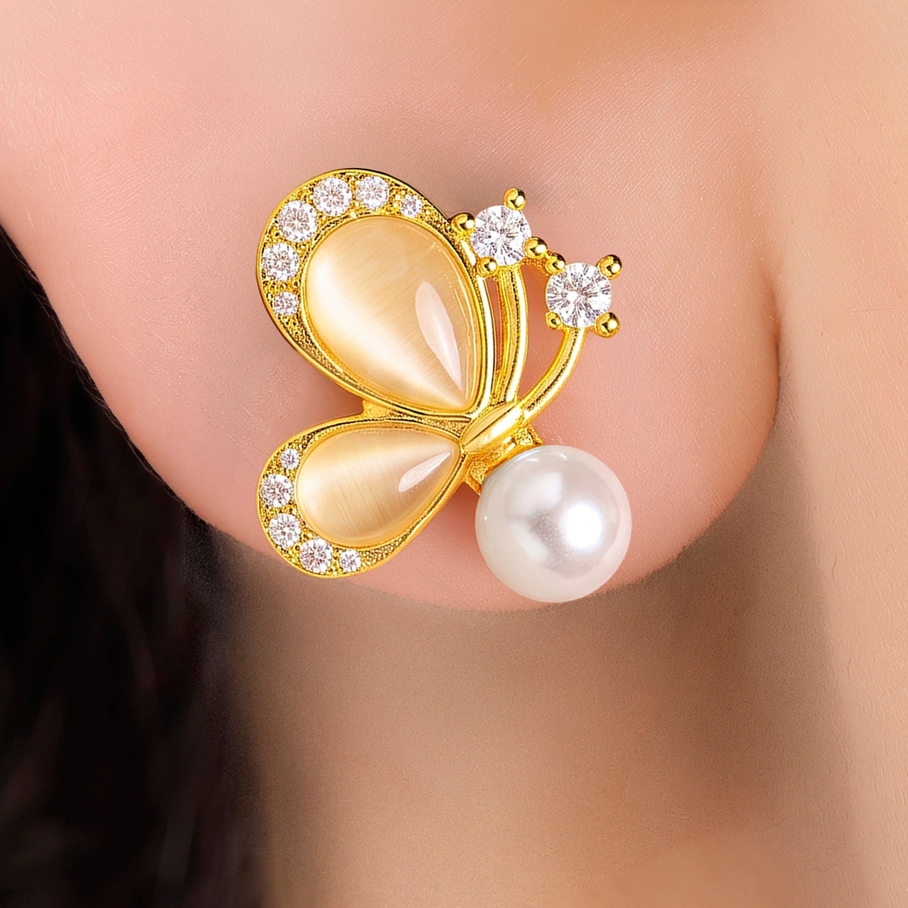 Earrings Anti-Tarnish Champagne Cat-Eye Butterfly Pearl Drops - View 1