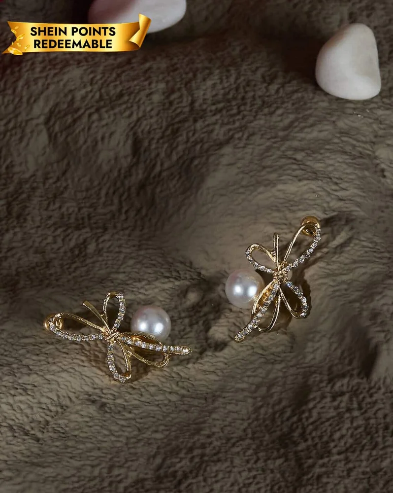 Earrings Anti-Tarnish Charming Gold Pearl Bow Design Drop - View 1