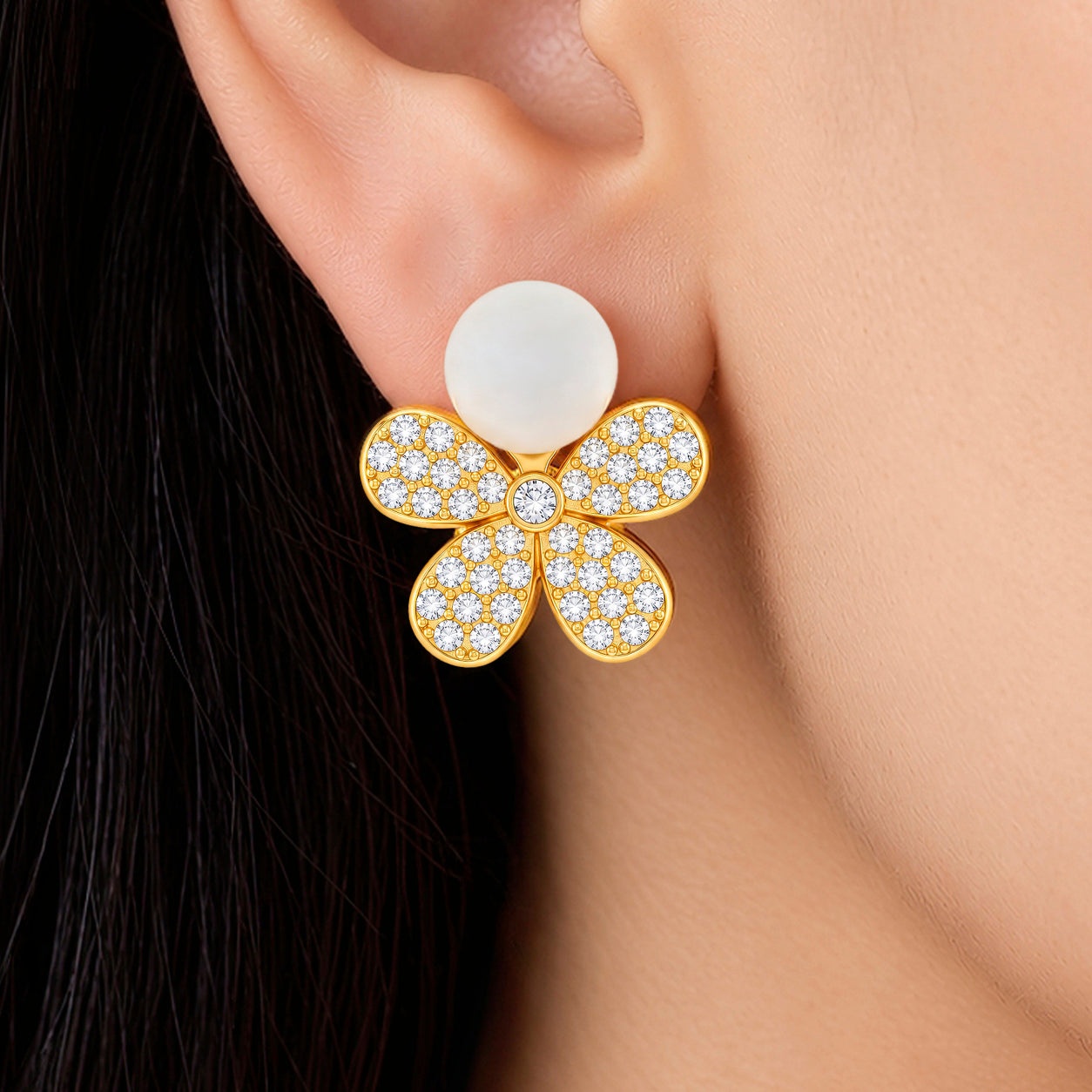 Earrings Anti-Tarnish Crystal Flower With Cream Teardrop Cabochon - View 1