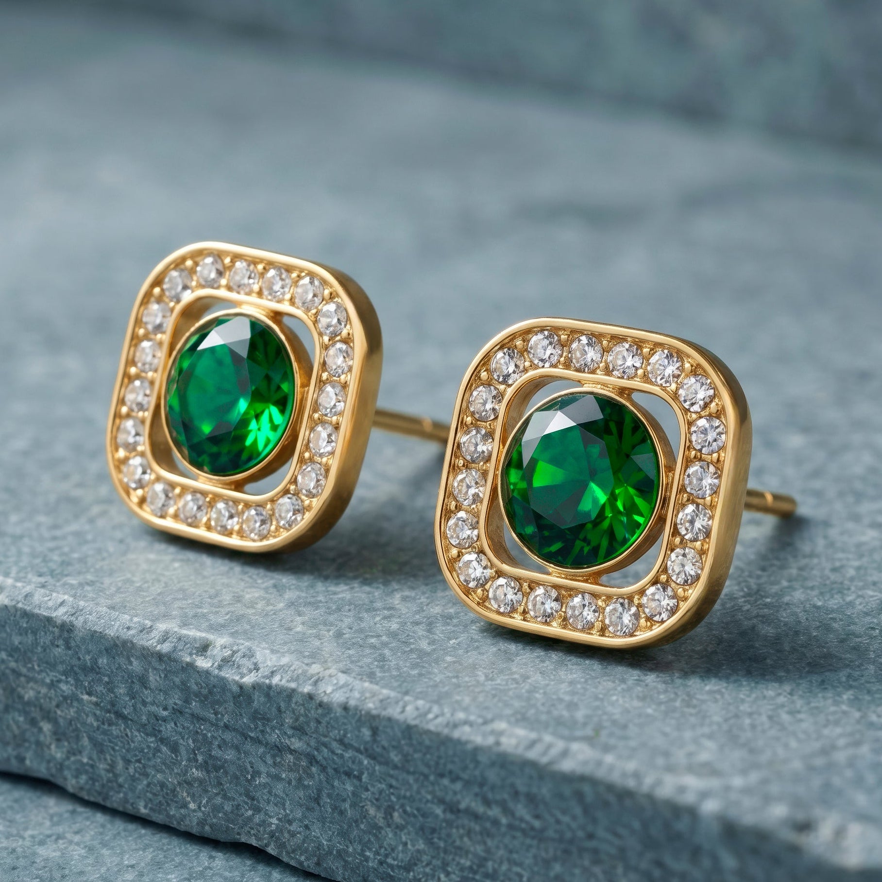 Earrings Anti-Tarnish Emerald Square Studs - View 1