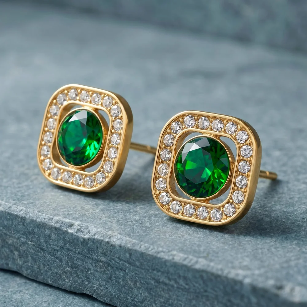 Earrings Anti-Tarnish Emerald Square Studs