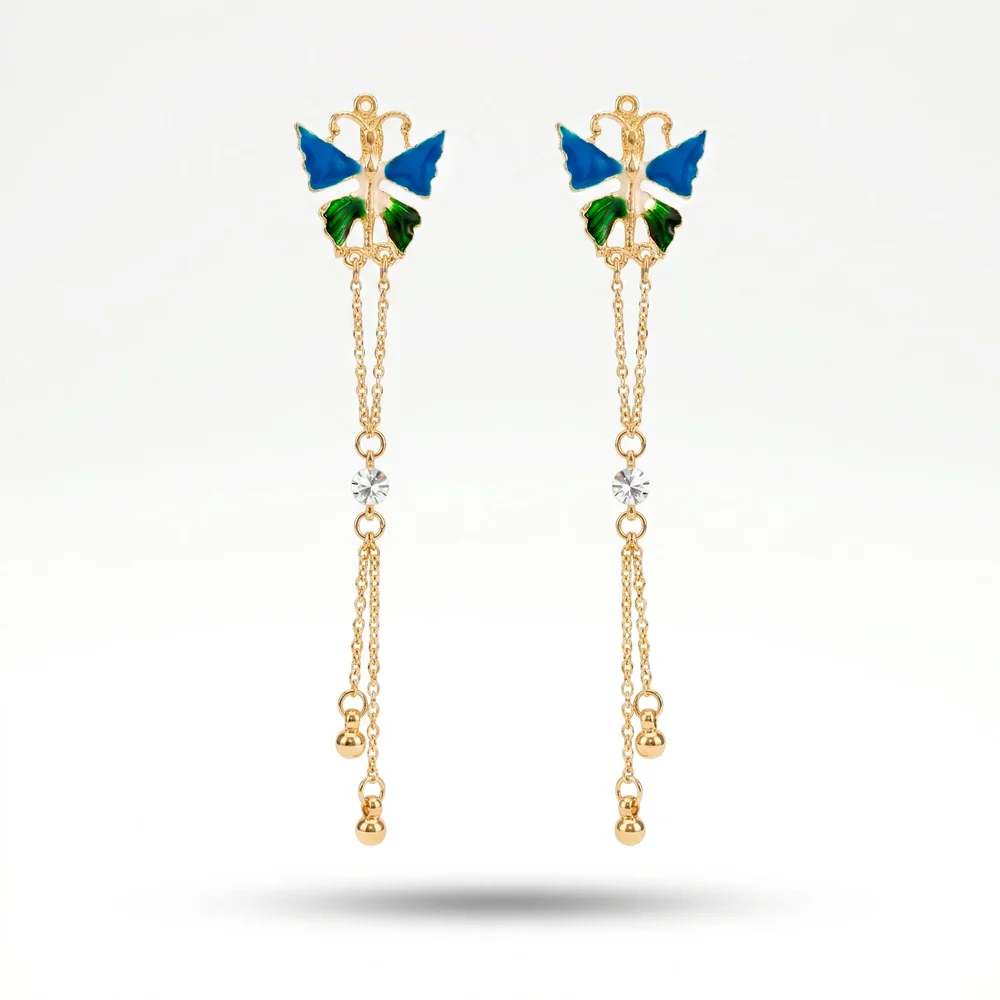 Earrings Anti-Tarnish Enamel Butterfly Dangles With Chain Tassels - View 1