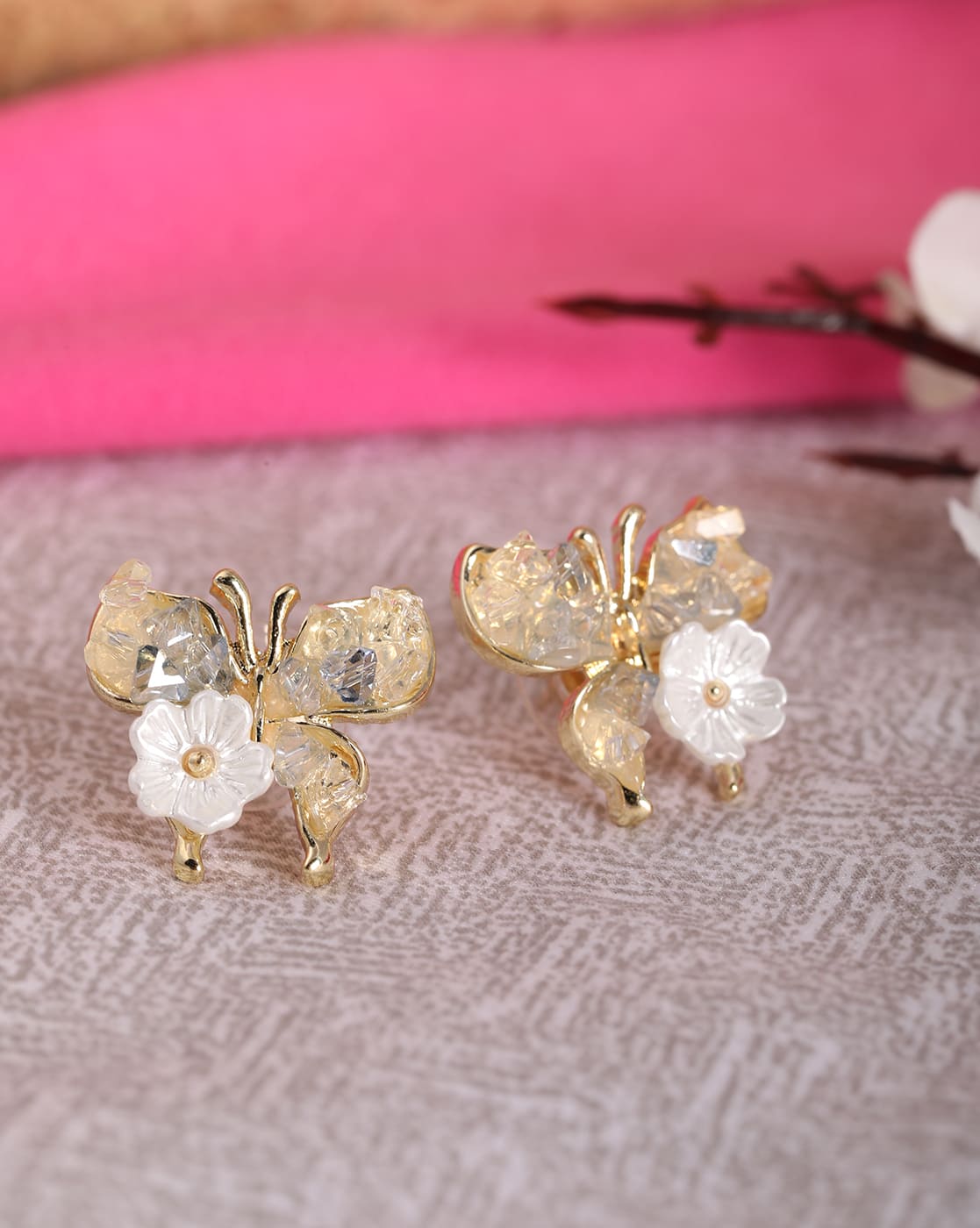 Earrings Anti-Tarnish Floral & Butterfly Design Stud - View 1
