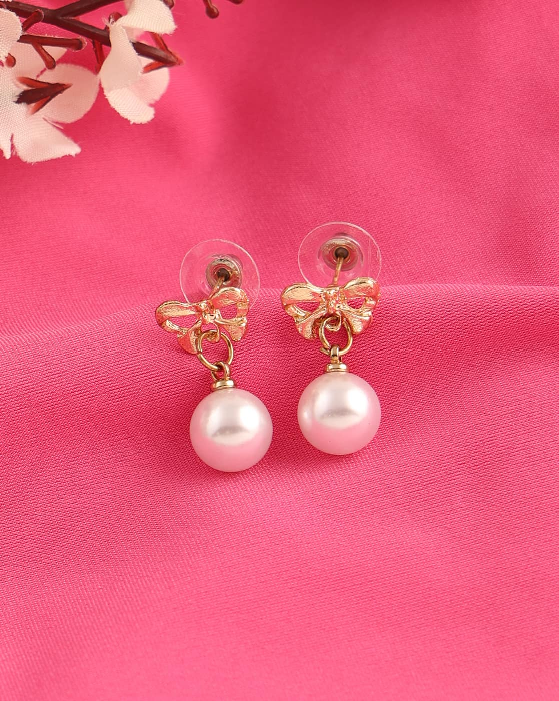 Earrings Anti-Tarnish Gold Bow Design Pearl Detail Drop - View 1