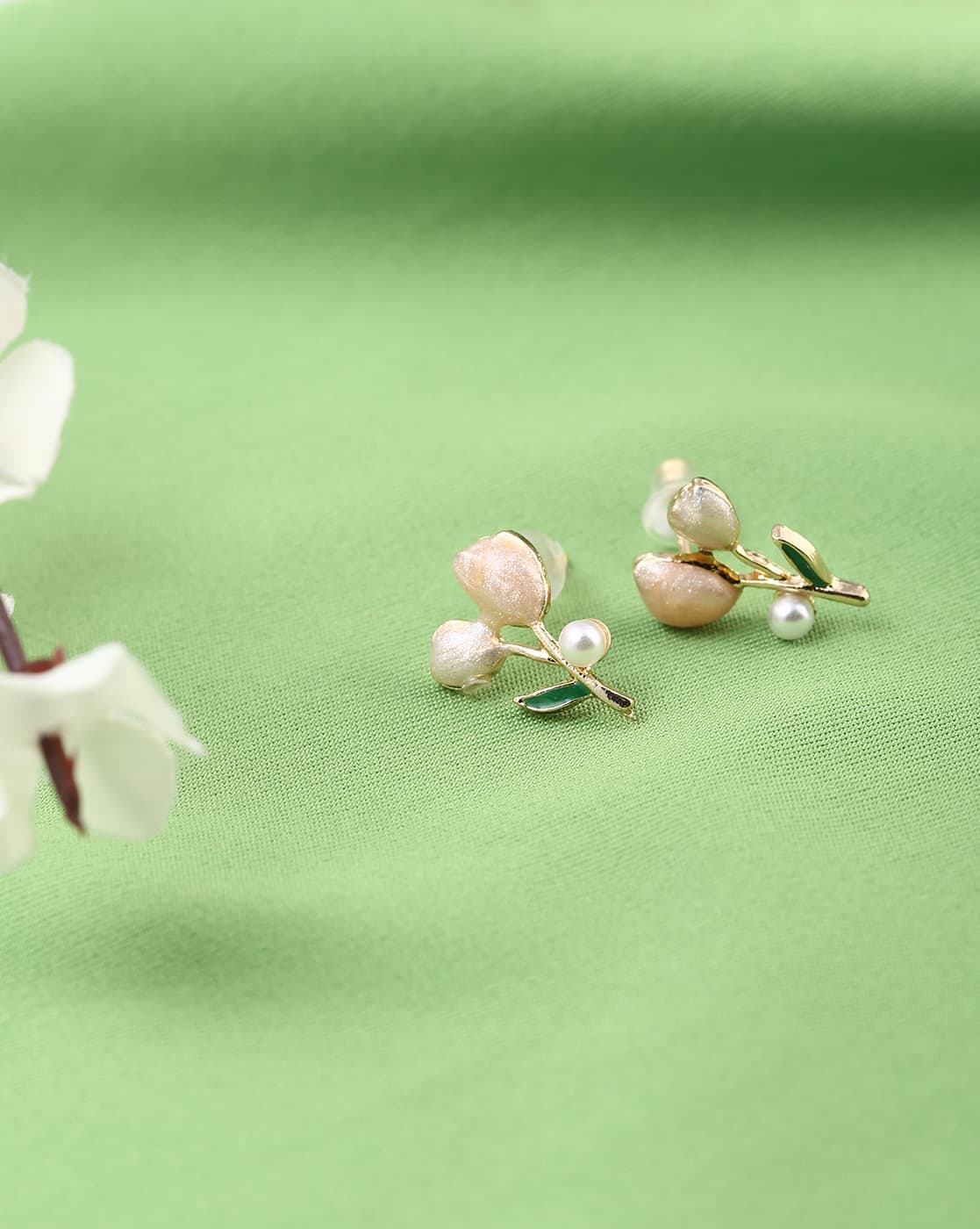 Earrings Anti-Tarnish Gold Enamel Floral Design Studs - View 1