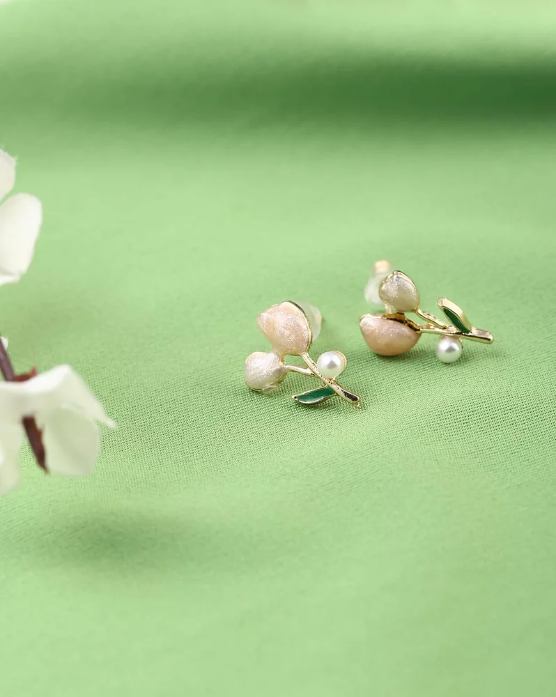 Earrings Anti-Tarnish Gold Enamel Floral Design Studs - View 1