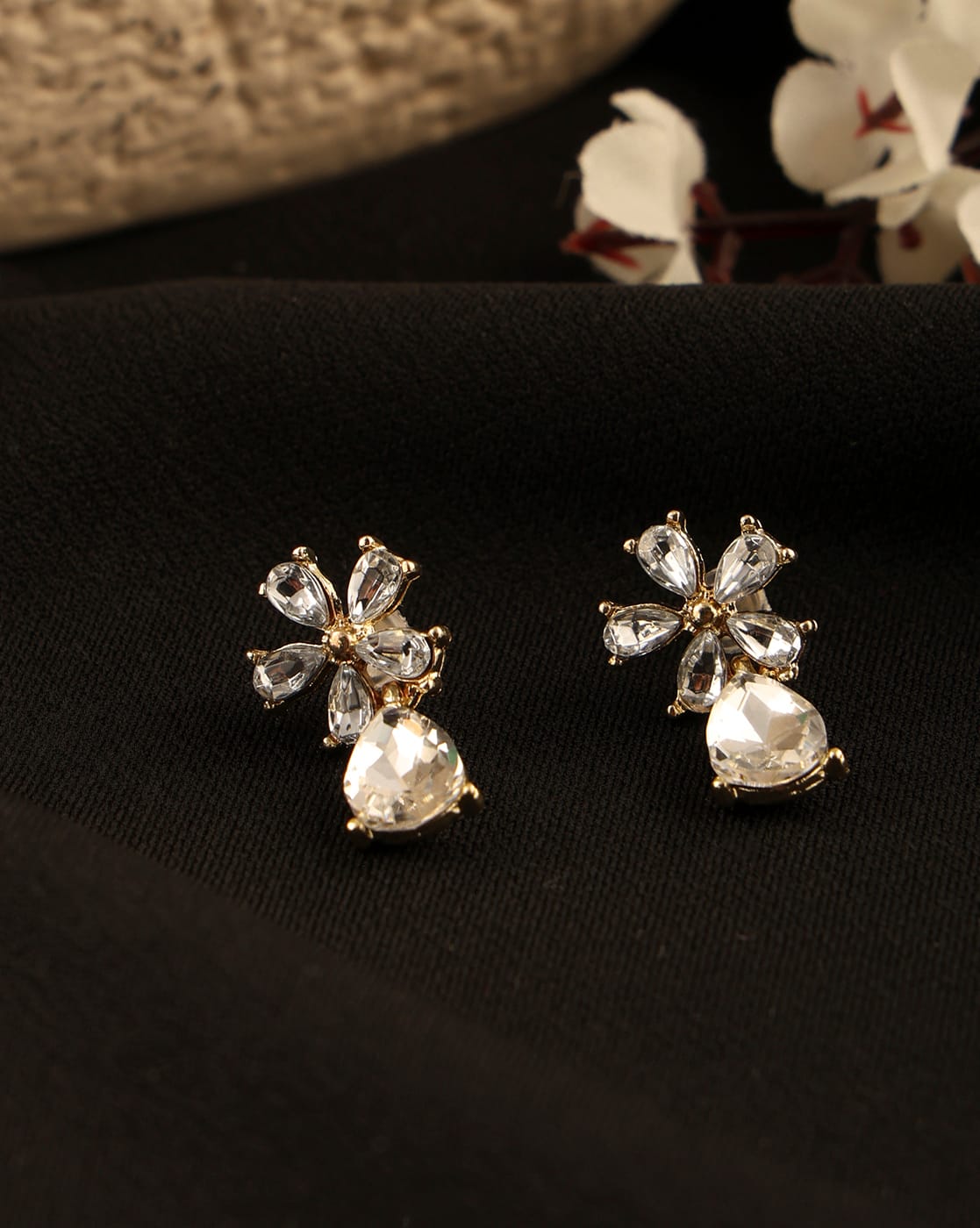 Earrings Anti-Tarnish Gold Floral Crystal Cluster Embellished Stud - View 1
