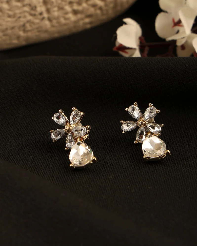 Earrings Anti-Tarnish Gold Floral Crystal Cluster Embellished Stud - View 1