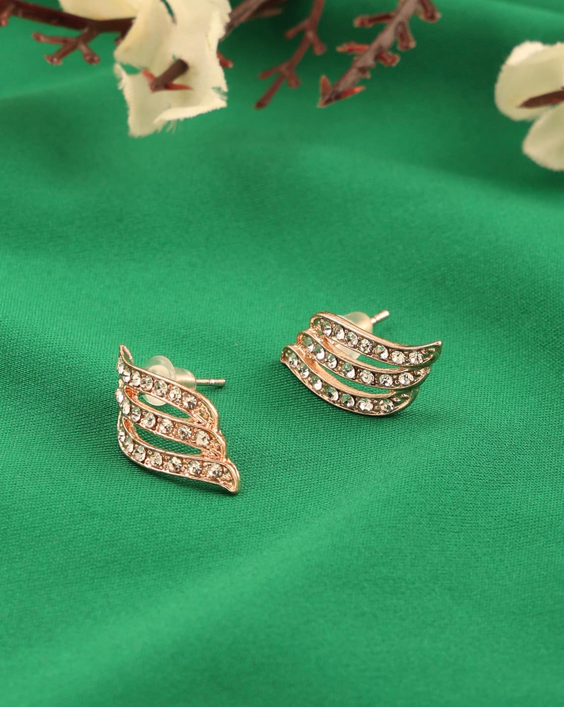 Earrings Anti-Tarnish Gold Leaf Design Rhinestone Stud - View 1