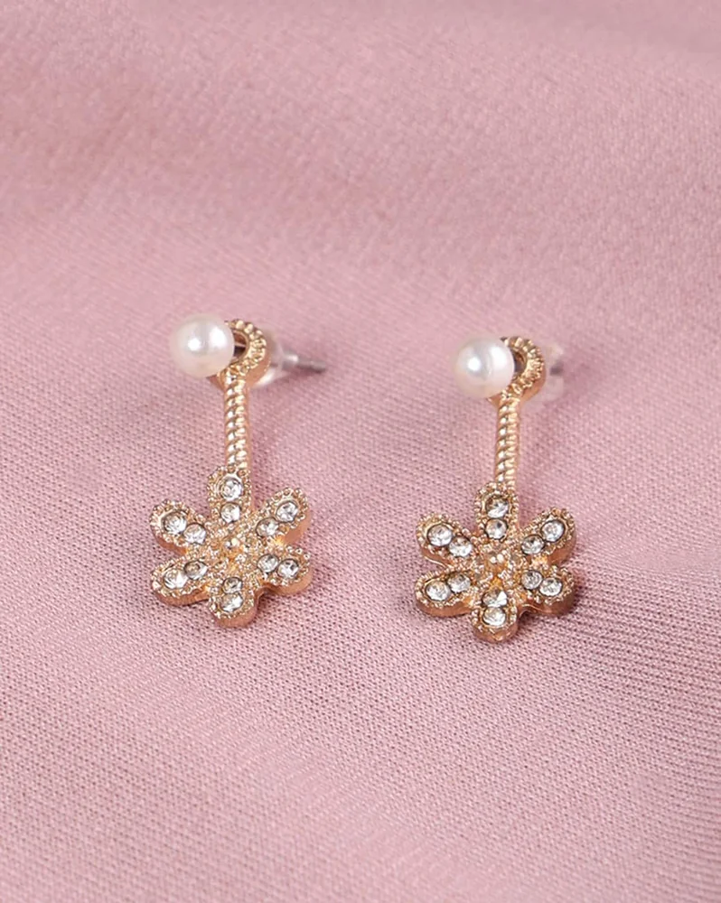Earrings Anti-Tarnish Gold Pearl Detail Floral Design Drop - View 1