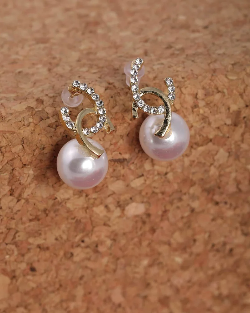 Earrings Anti-Tarnish Gold Pearl Detail Stud - View 1