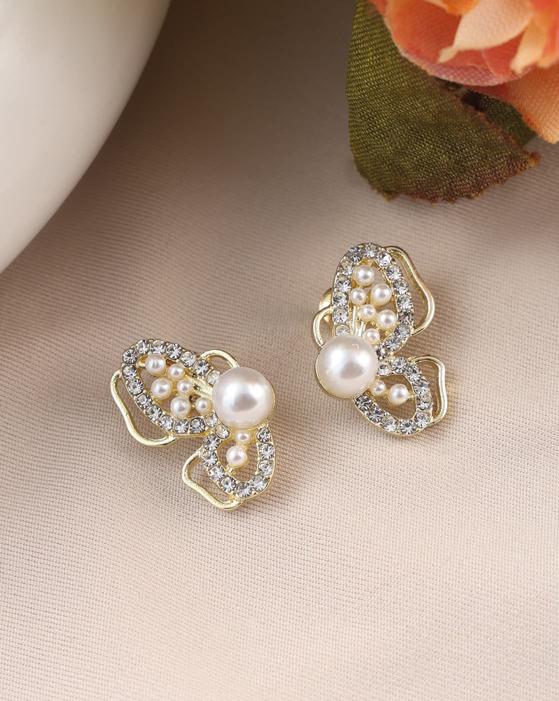 Earrings Anti-Tarnish Intricate Butterfly Pearl Studs - View 1