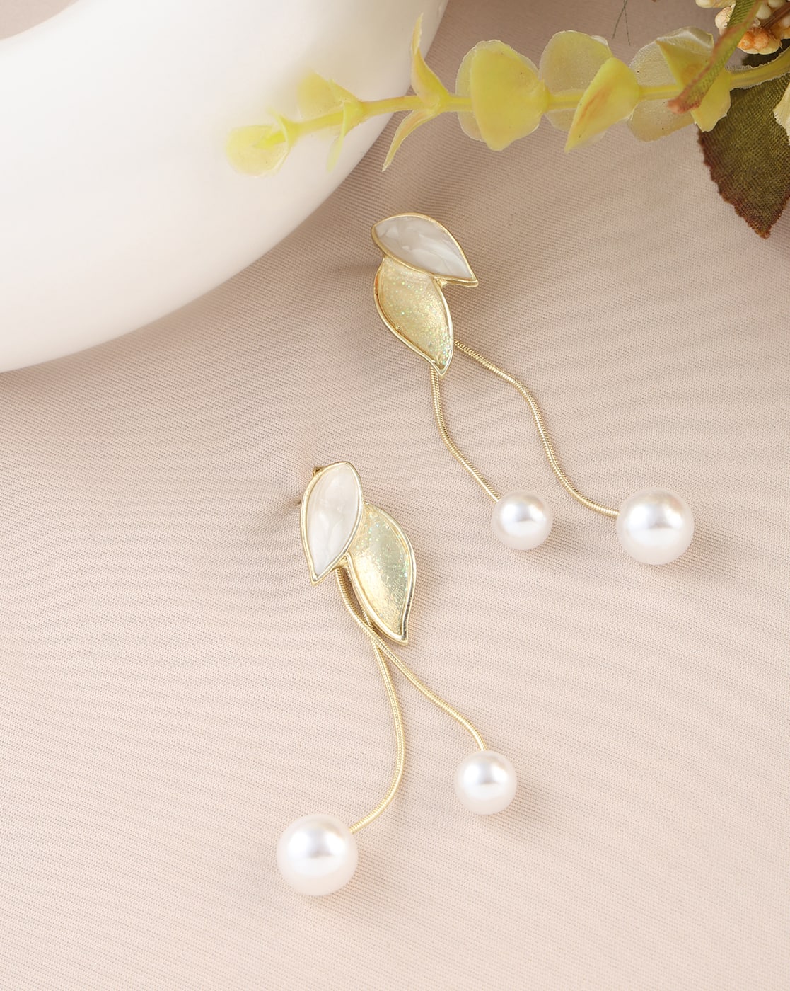 Earrings Anti-Tarnish Leaf and Pearl Detail Stud - View 1