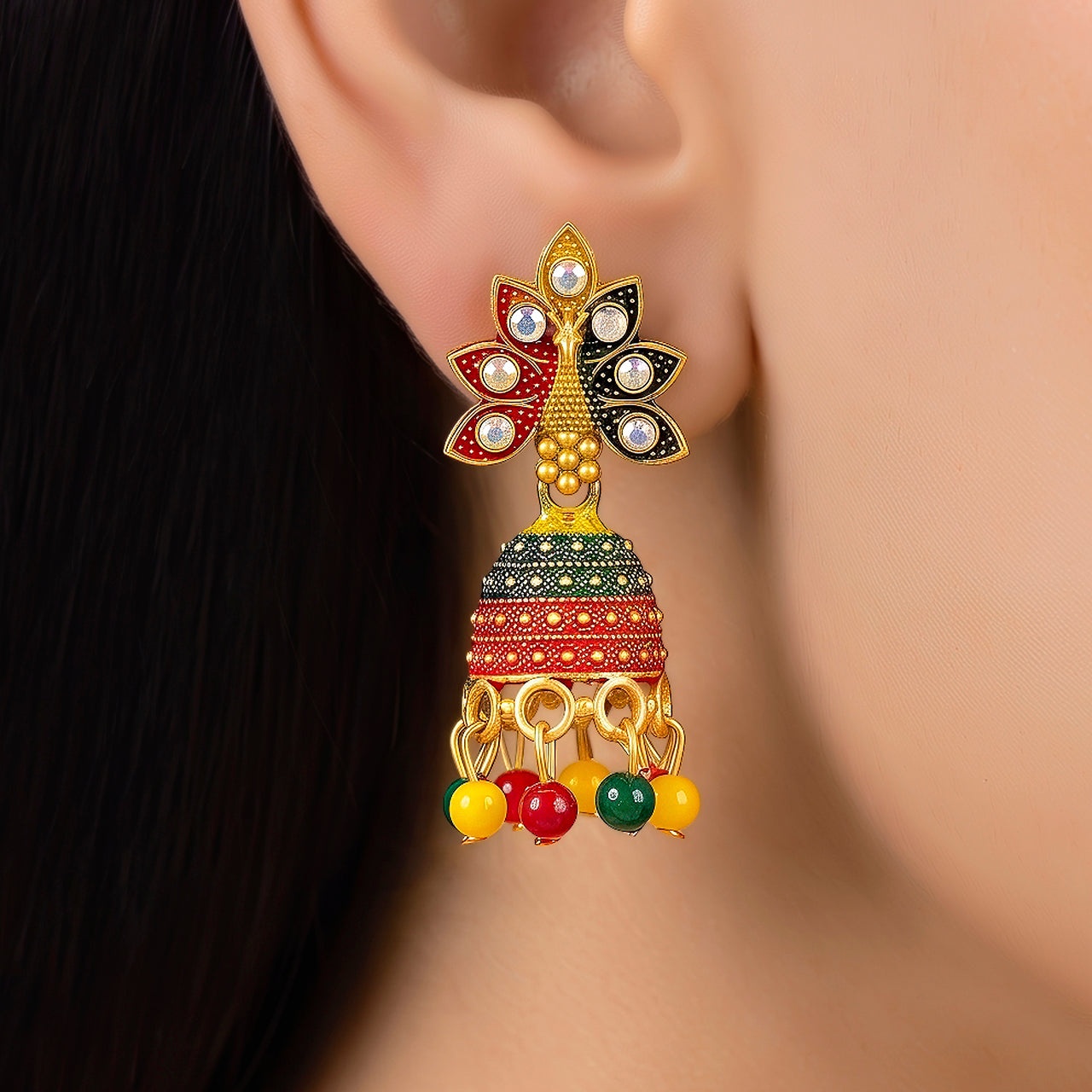 Earrings Anti-Tarnish Multicolor Floral Enamel Jhumka - View 1