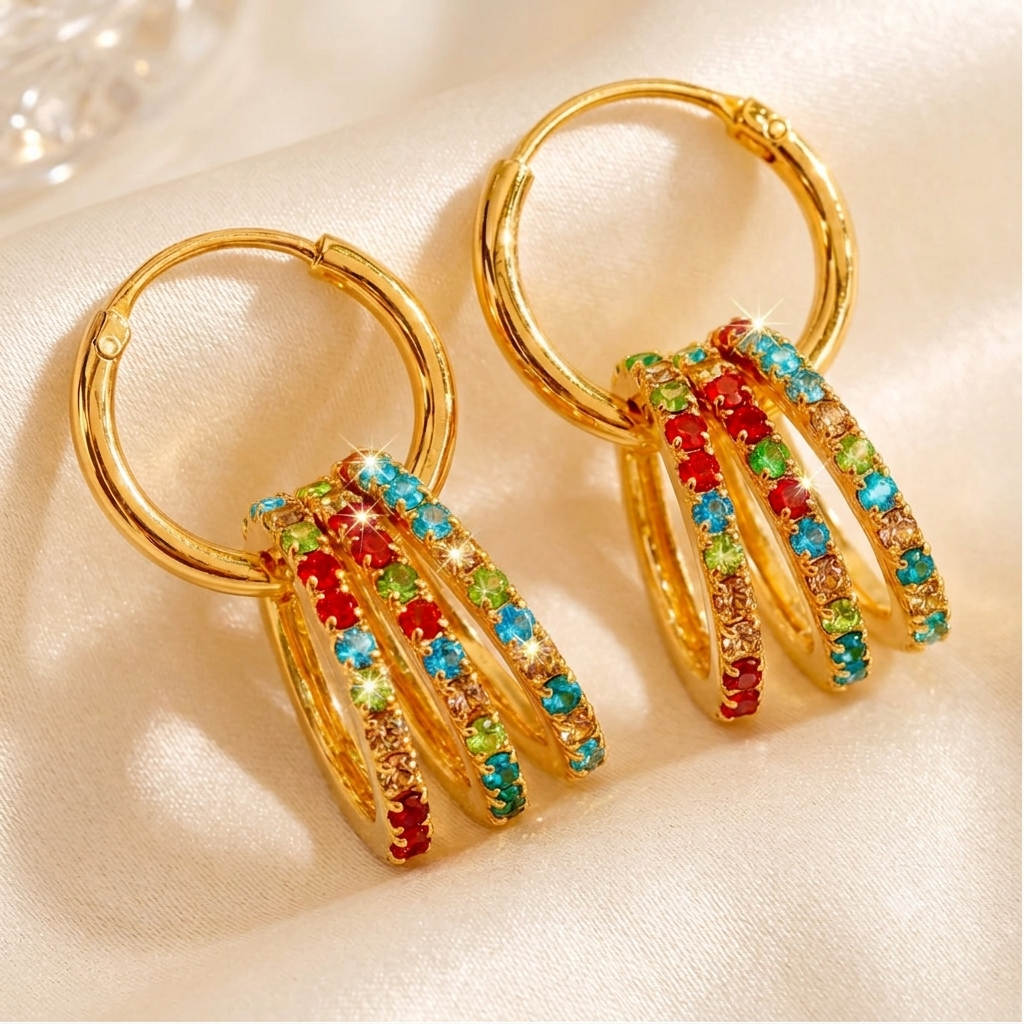 Earrings Anti-Tarnish Multicoloured Crystal Rings With Golden Hoops - View 1