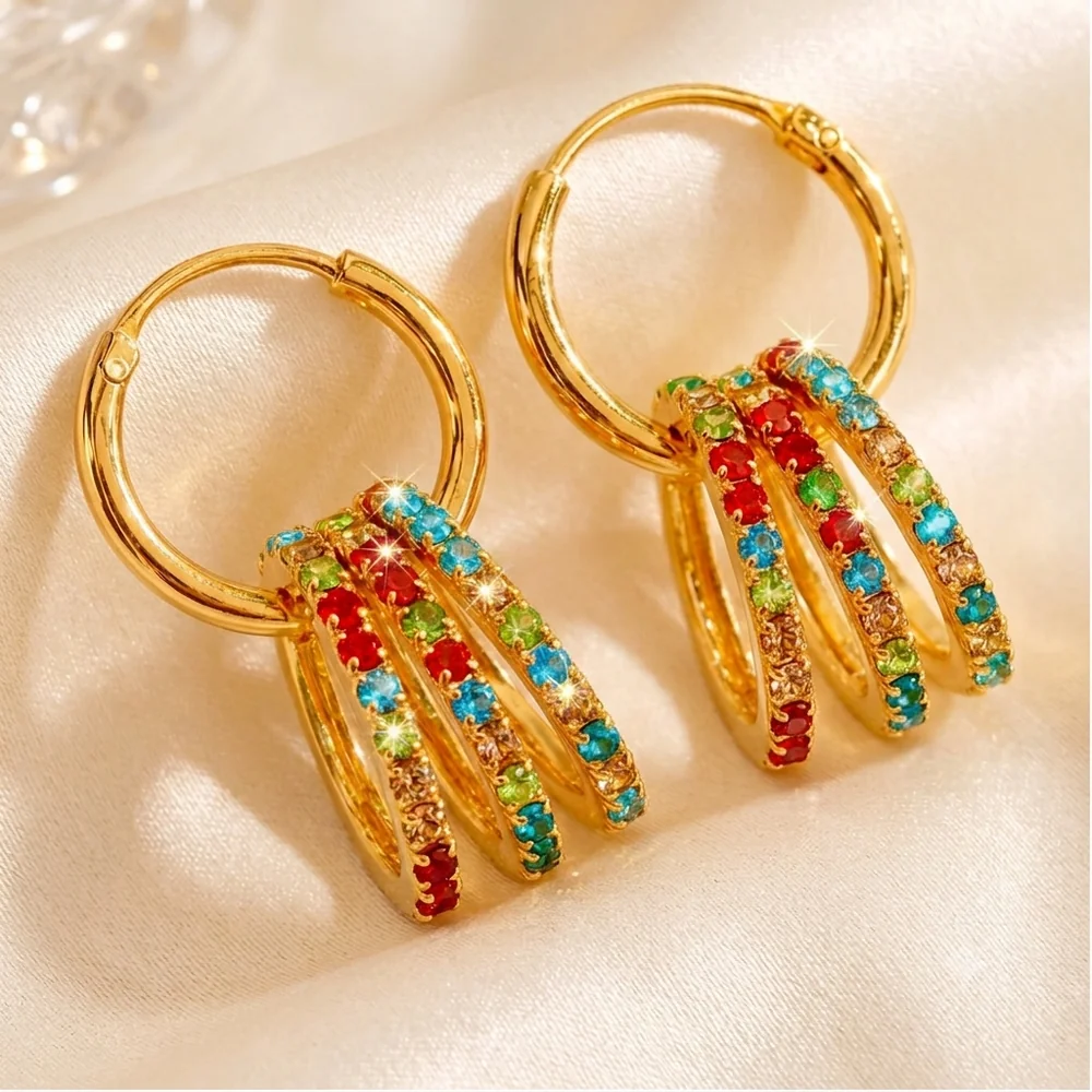 Earrings Anti-Tarnish Multicoloured Crystal Rings With Golden Hoops