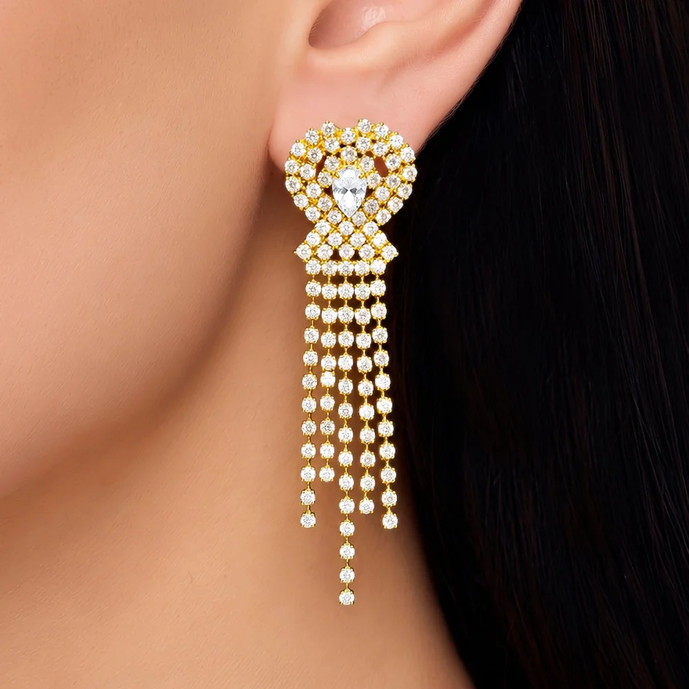 Earrings Anti-Tarnish Pave Heart Crystal With Cascading Chain Tassels - View 1