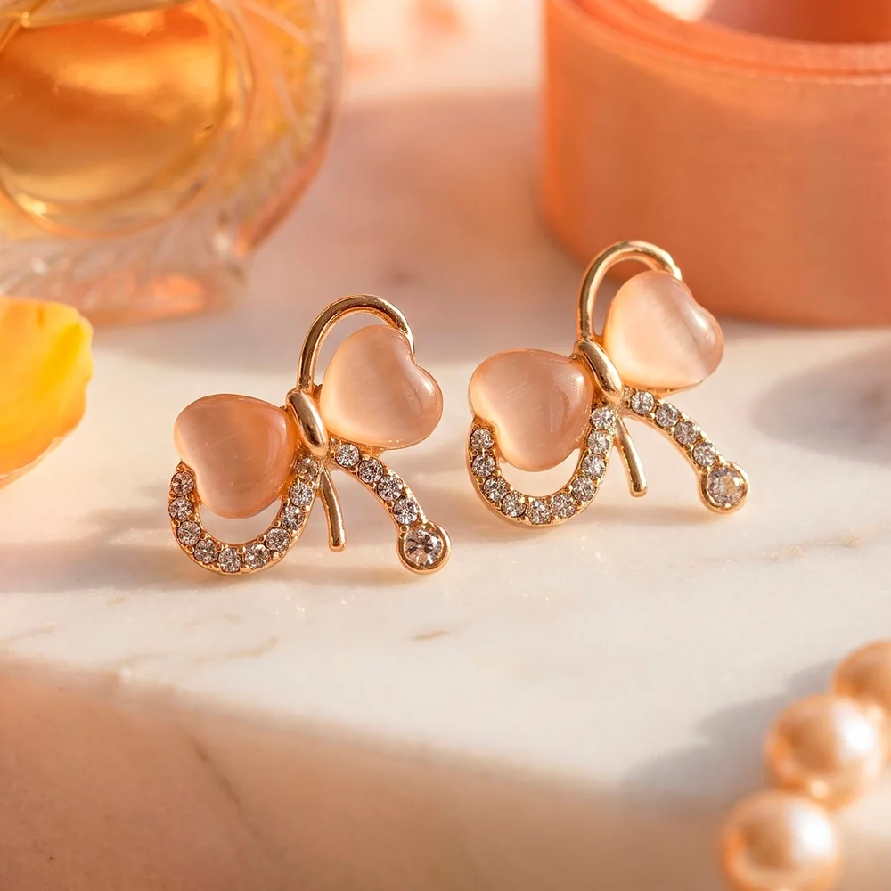 Earrings Anti-Tarnish Peach Monalisa Stone & Sparkling Bow Studs - View 1