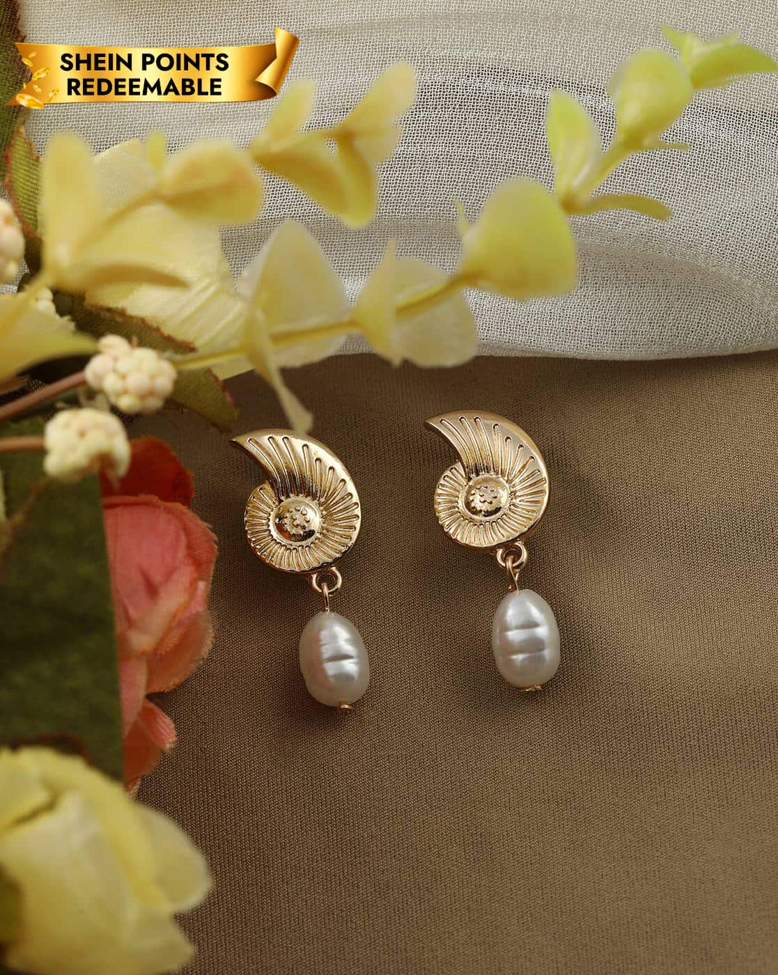 Earrings Anti-Tarnish Pearl Detail Shell Design Drop - View 1