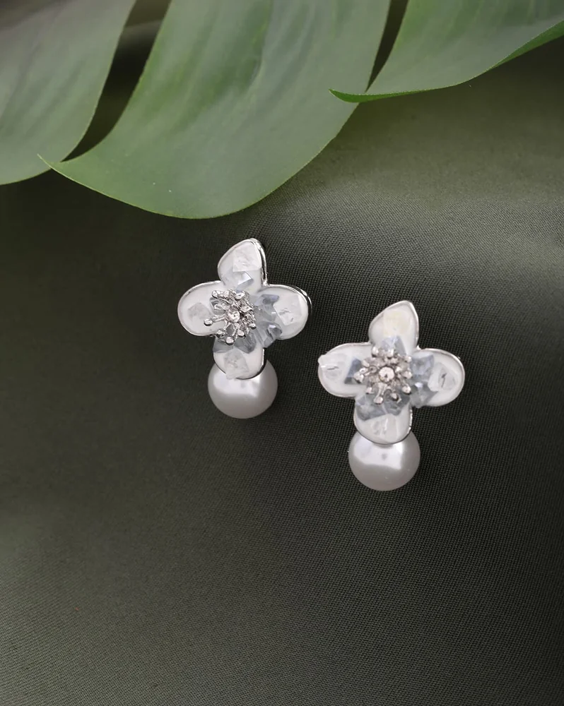 Earrings Anti-Tarnish Pearl Floral Design Drop - View 1