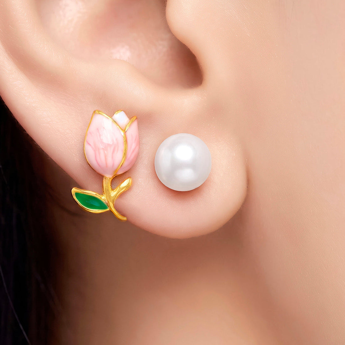 Earrings Anti-Tarnish Pink Lotus Pearl Studs - View 1