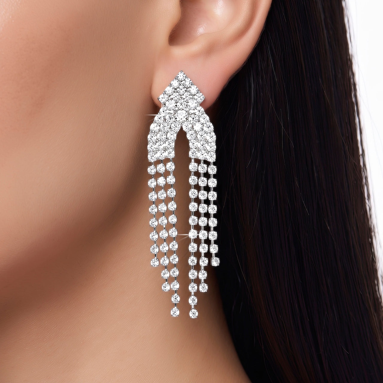 Earrings Anti-Tarnish Silver Geometric Crystal Linear Chain Drops - View 1