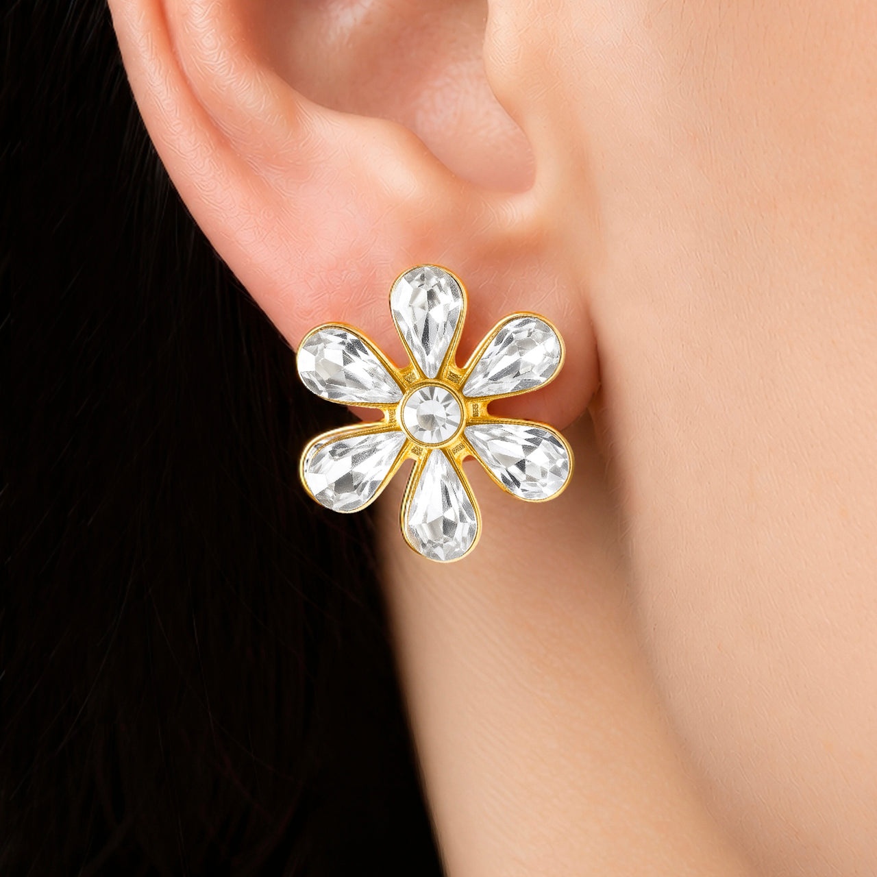 Earrings Anti-Tarnish Six-Petal Pear Cut Crystal Floral Studs - View 1