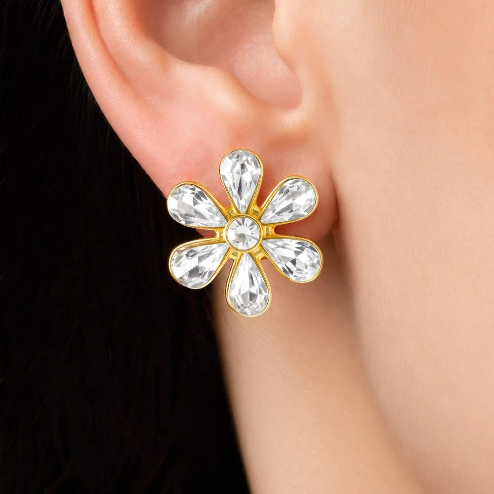 Earrings Anti-Tarnish Six-Petal Pear Cut Crystal Floral Studs - View 1