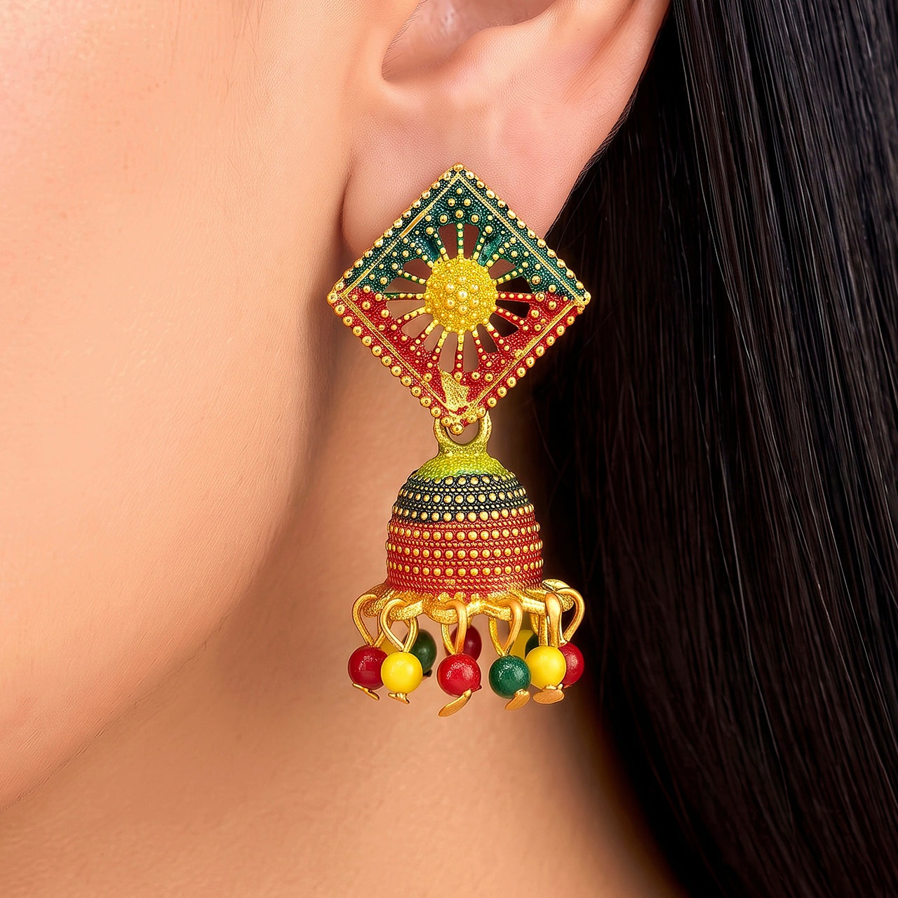Earrings Anti-Tarnish Square Sunburst Enamel Dome Jhumka - View 1