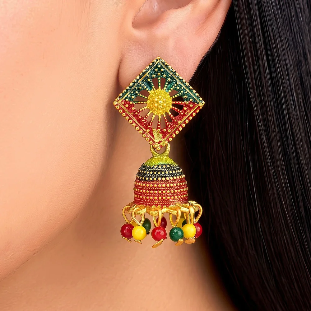 Earrings Anti-Tarnish Square Sunburst Enamel Dome Jhumka - View 1