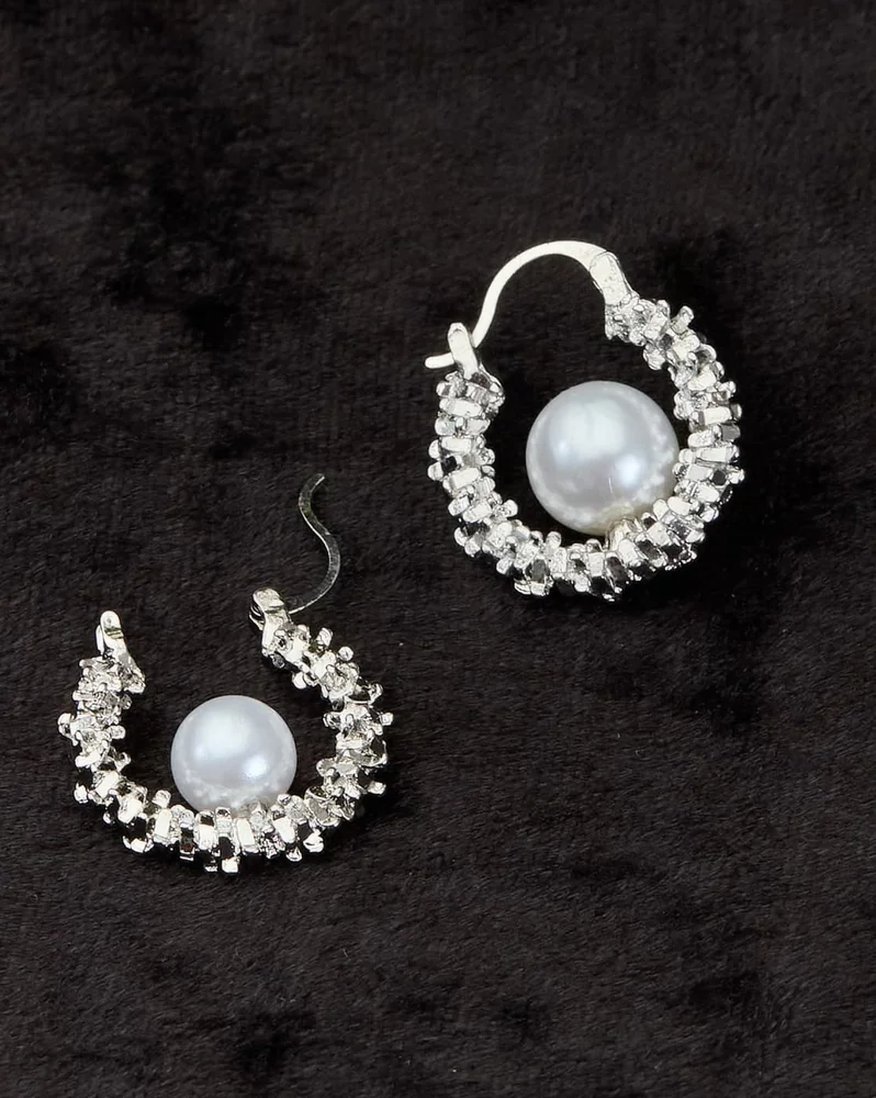 Earrings Anti-Tarnish Textured Pearl Detail Hoop - View 1