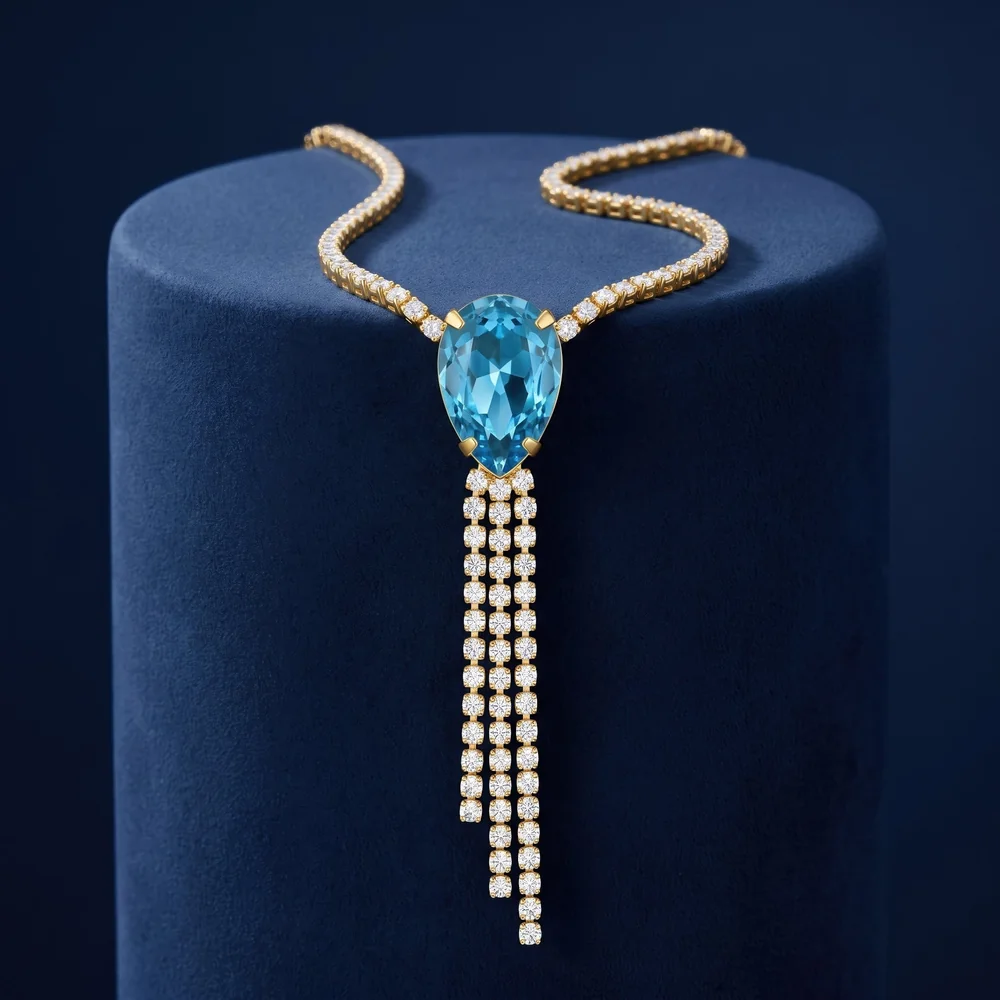 Necklace Anti-Tarnish Aquamarine Crystal Droplet & Rhinestone Tassel Chain - View 1