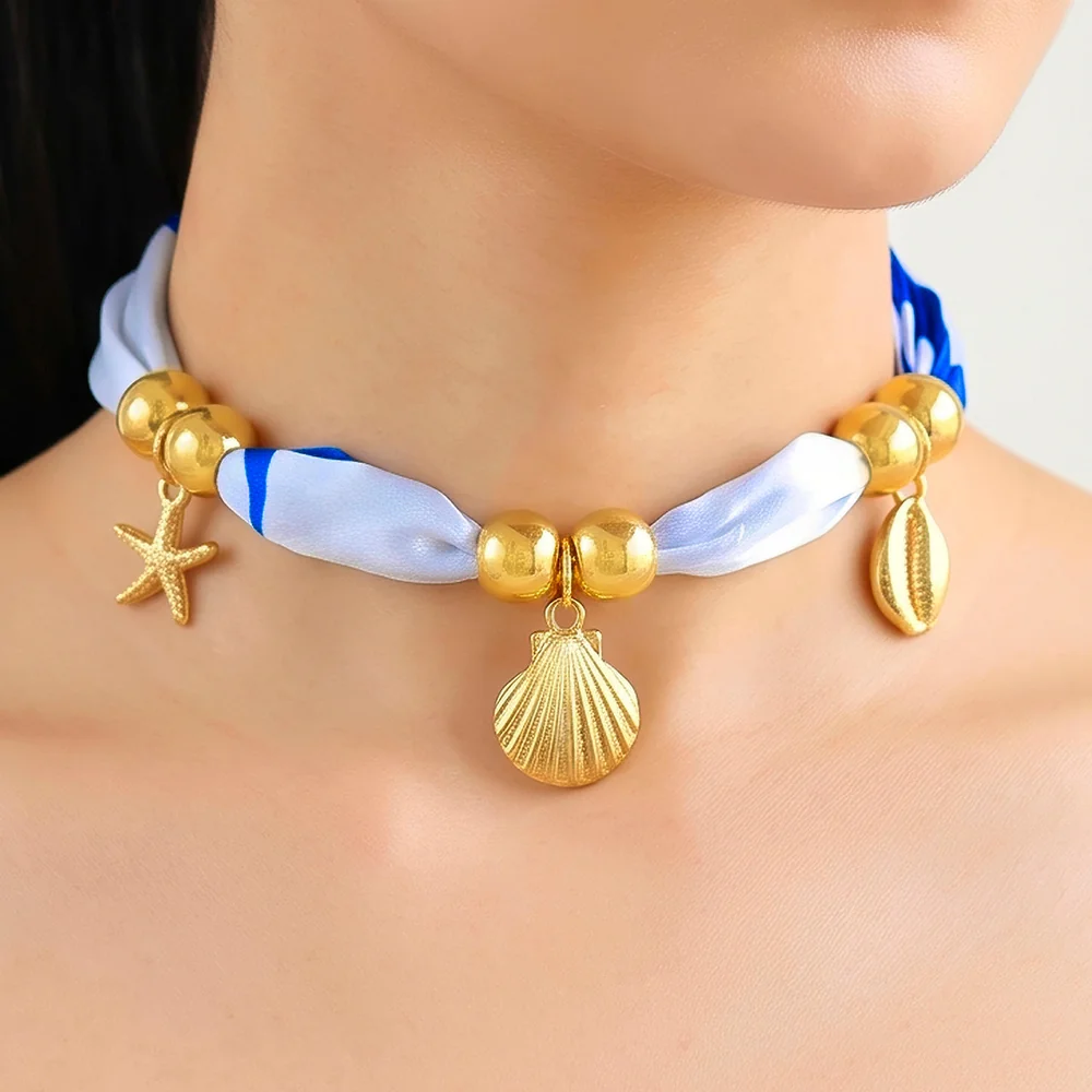 Necklace Anti-Tarnish Blue White Ocean Charm Scarf