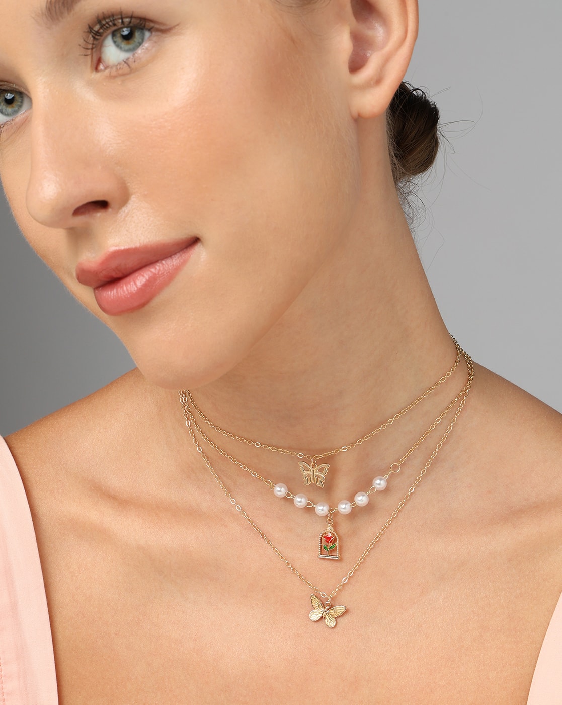 Necklace Anti-Tarnish Butterfly & Rose Design Charm Layered - View 1