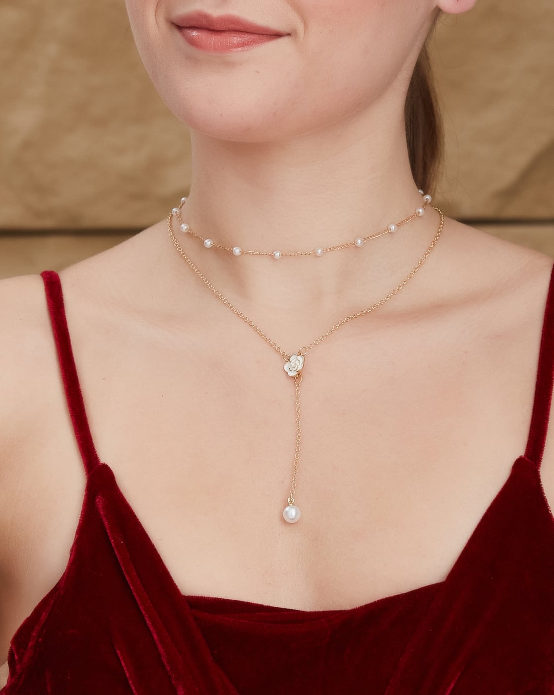 Necklace Anti-Tarnish Charming Gold Rose Charm Pearl Detail Layered - View 1