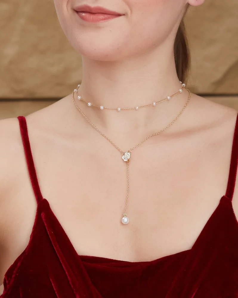 Necklace Anti-Tarnish Charming Gold Rose Charm Pearl Detail Layered - View 1
