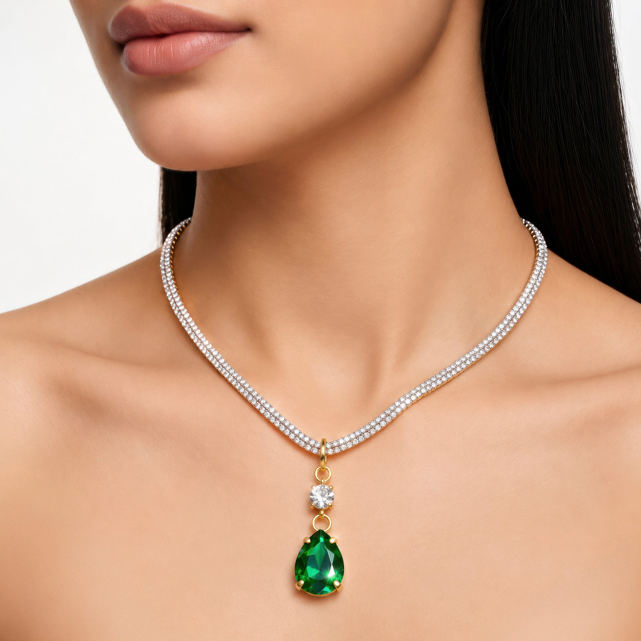 Necklace Anti-Tarnish Crystal Emerald Pendant Set - View 1