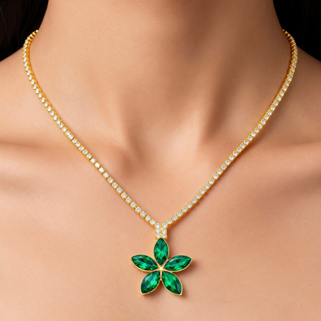 Necklace Anti-Tarnish Emerald Green Crystal Floral Pendant on Tennis Chain - View 1