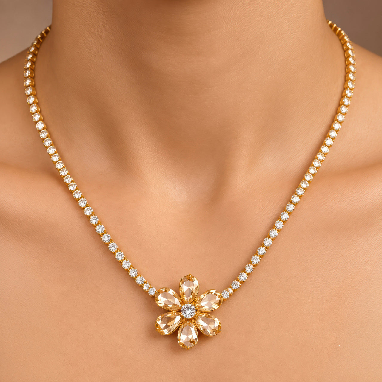 Necklace Anti-Tarnish Gold Plated Flower Crystal - View 1