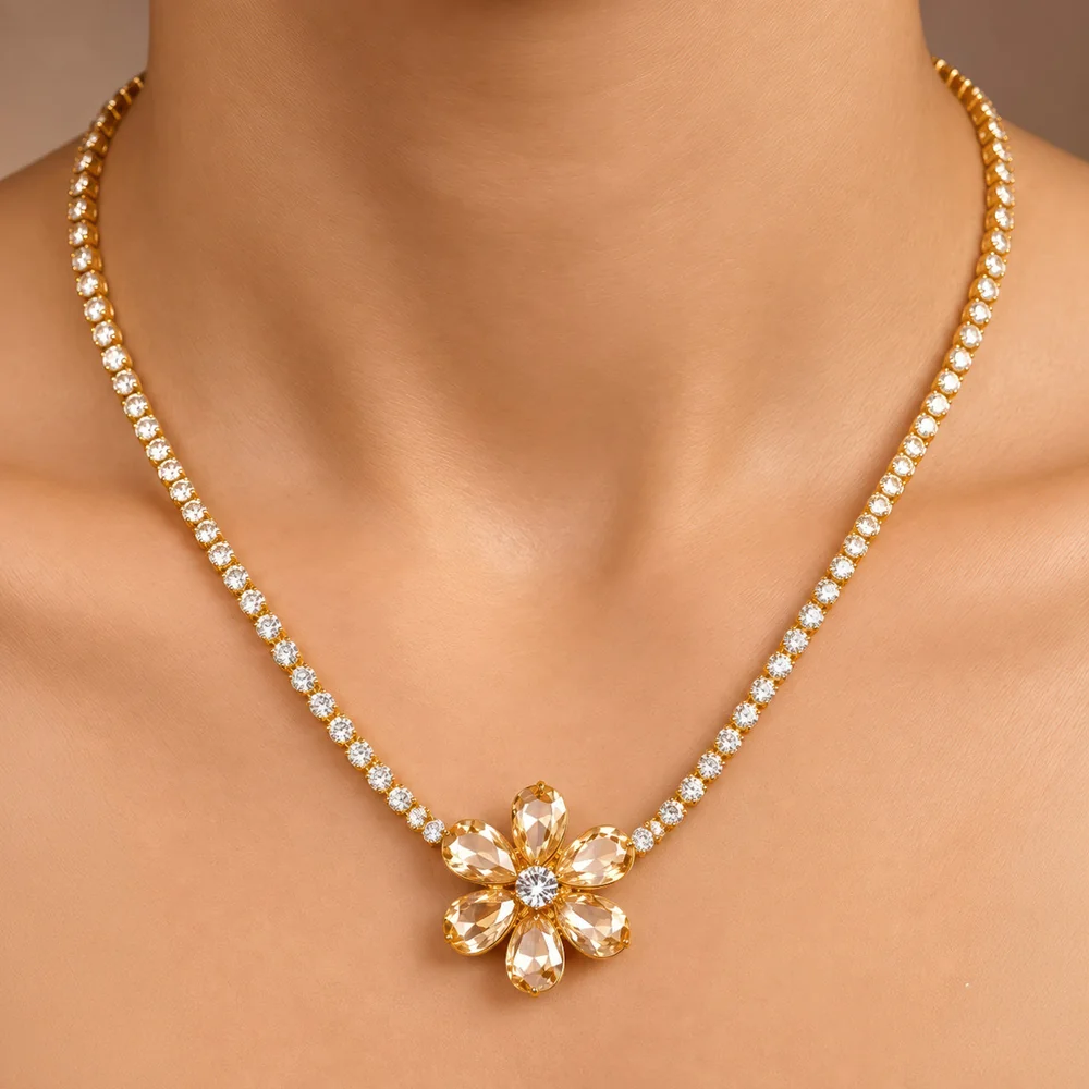 Necklace Anti-Tarnish Gold Plated Flower Crystal
