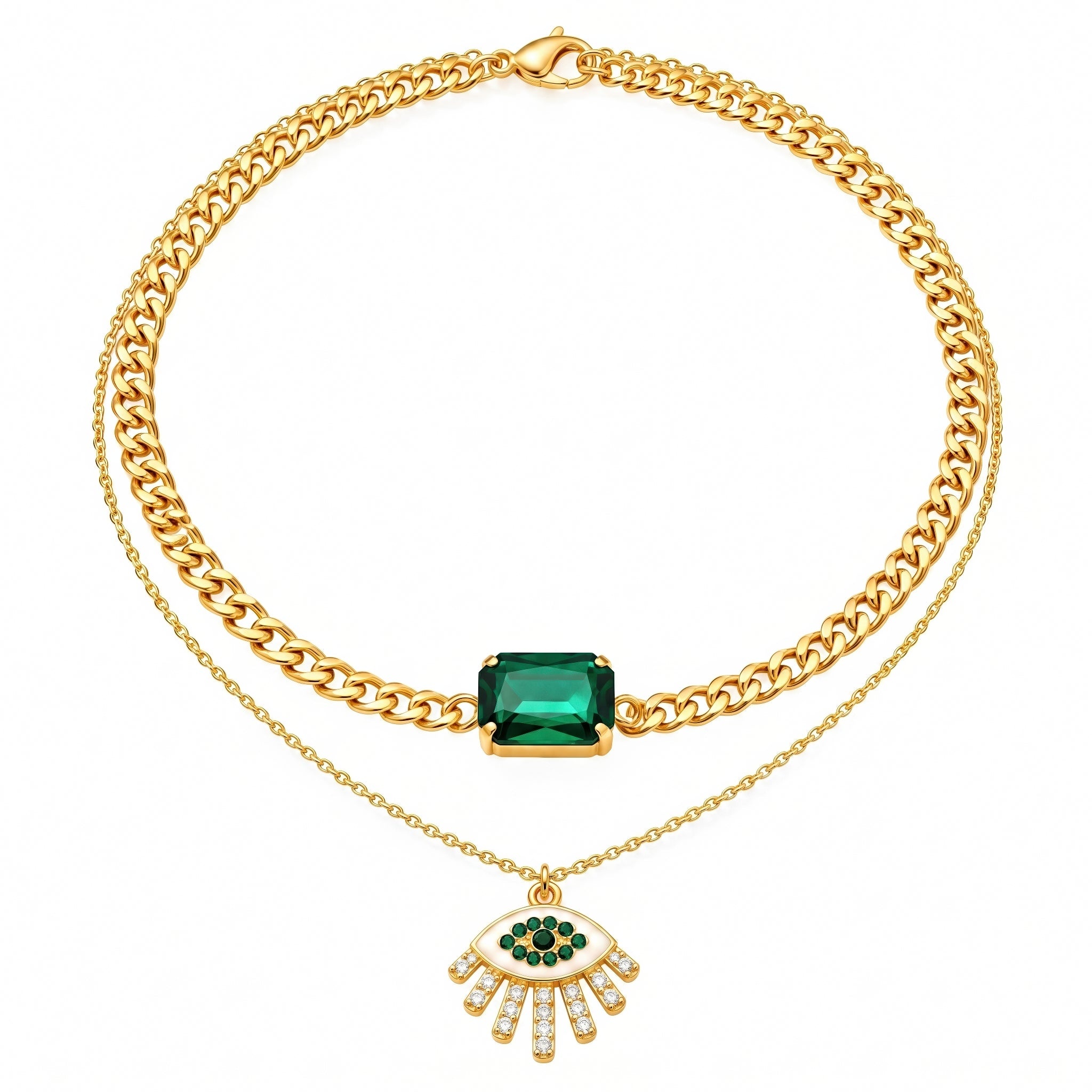 Necklace Anti-Tarnish Gold Plated Layered Evil Eye & Crystal Chain - View 1