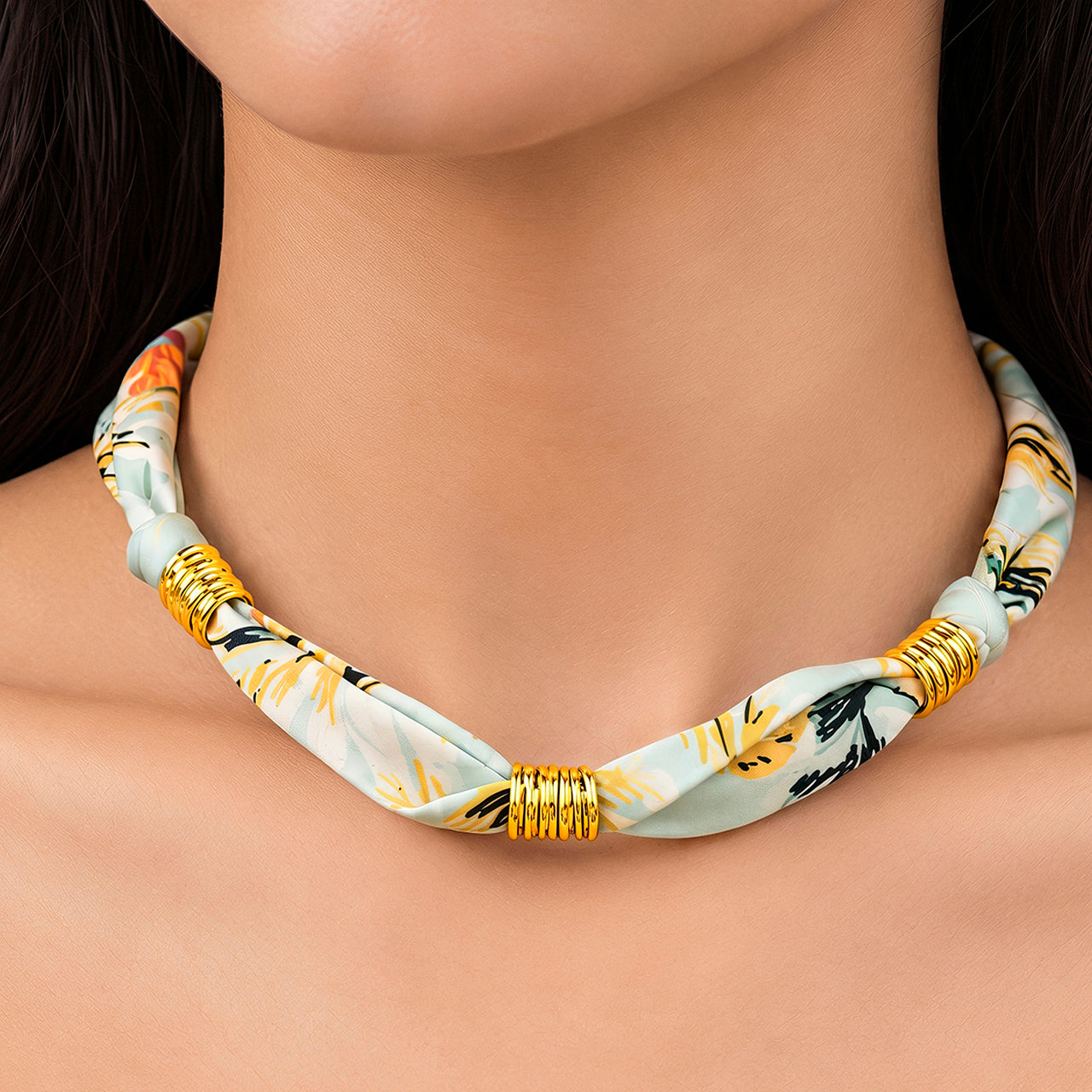 Necklace Anti-Tarnish Light Green Patterned Fabric Choker - View 1