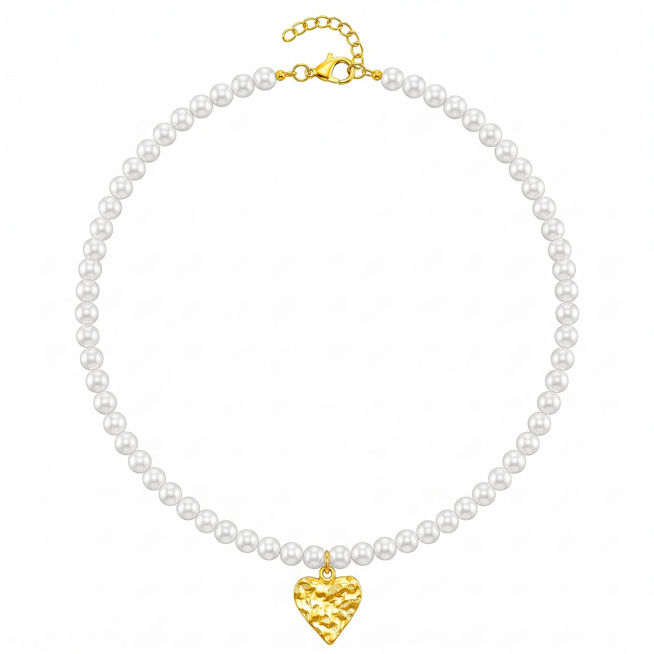 Necklace Anti-Tarnish Lustrous White Pearl Strand With Hammered Heart Pendant - View 1
