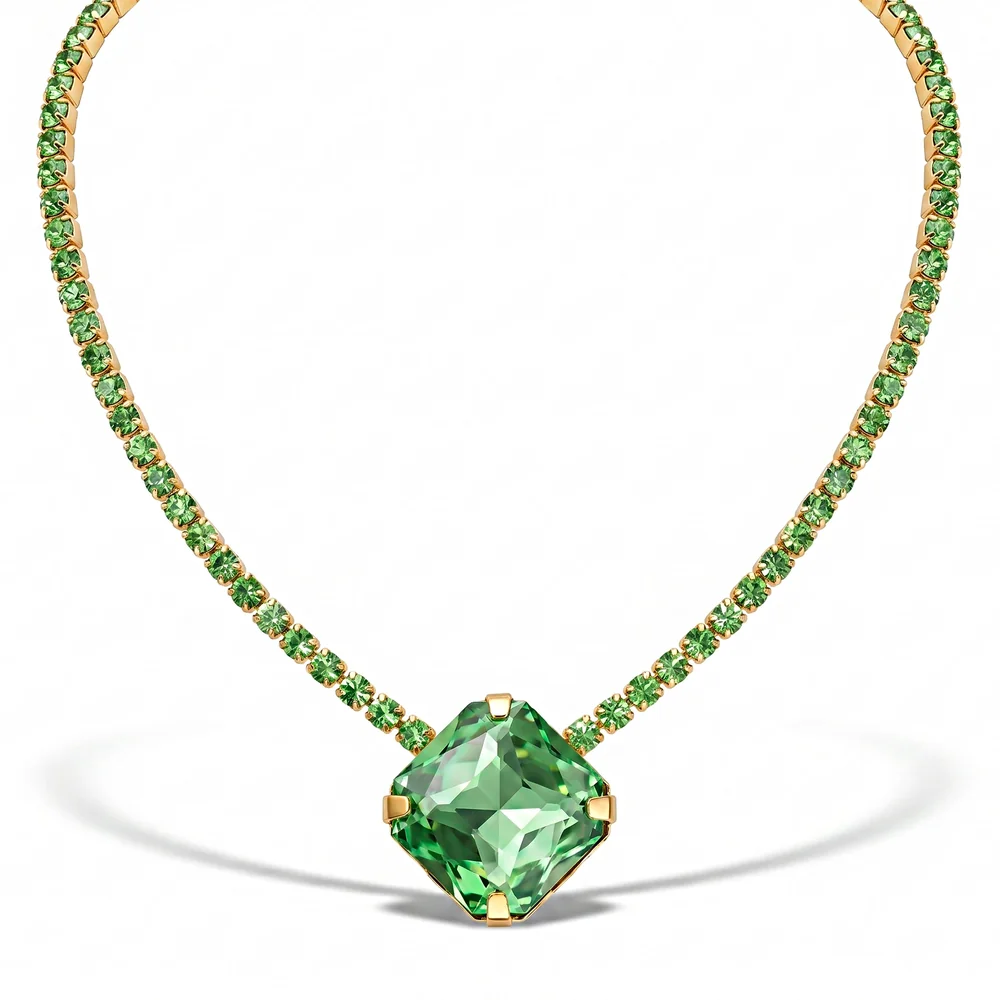 Necklace Anti-Tarnish Oversized Cushion Rhinestone Peridot Pendant