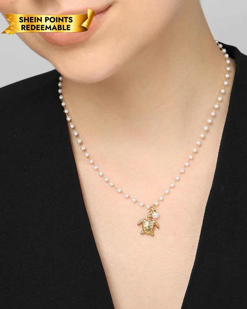 Necklace Anti-Tarnish Pearl Beaded Turtle Design Pendant - View 1